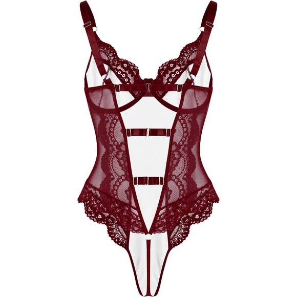 Women Burgundy Bodysuit Bustier Top One Piece Floral Lace Sheer Corset Lingerie - Picture 4 of 6